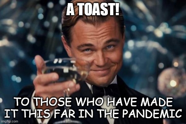 Leonardo Dicaprio Cheers Meme | A TOAST! TO THOSE WHO HAVE MADE IT THIS FAR IN THE PANDEMIC | image tagged in memes,leonardo dicaprio cheers | made w/ Imgflip meme maker