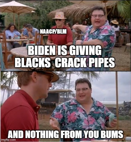 See Nobody Cares |  NAACP/BLM; BIDEN IS GIVING BLACKS  CRACK PIPES; AND NOTHING FROM YOU BUMS | image tagged in memes,see nobody cares | made w/ Imgflip meme maker