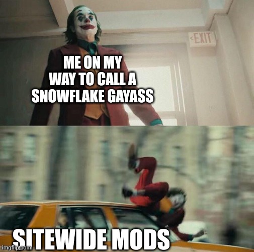 Joaquin Phoenix Joker Car | ME ON MY WAY TO CALL A SNOWFLAKE GAYASS; SITEWIDE MODS | image tagged in joaquin phoenix joker car | made w/ Imgflip meme maker