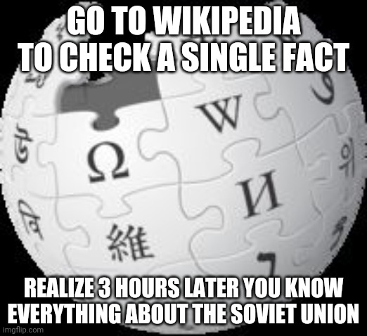 wikipedia be like: | GO TO WIKIPEDIA TO CHECK A SINGLE FACT; REALIZE 3 HOURS LATER YOU KNOW EVERYTHING ABOUT THE SOVIET UNION | image tagged in wikipedia | made w/ Imgflip meme maker