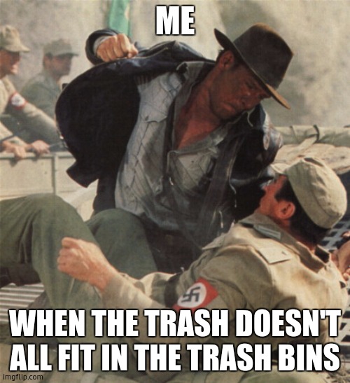 i never use 13+ gal. size trash bags | ME; WHEN THE TRASH DOESN'T ALL FIT IN THE TRASH BINS | image tagged in indiana jones punching nazis | made w/ Imgflip meme maker