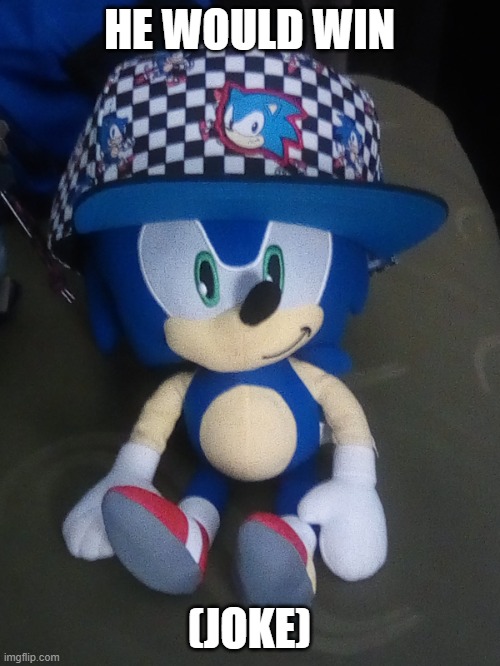 Sonic plush wearing a hat | HE WOULD WIN (JOKE) | image tagged in sonic plush wearing a hat | made w/ Imgflip meme maker