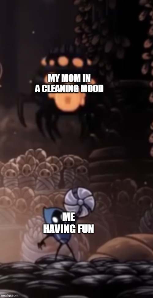 me vs little brother | MY MOM IN A CLEANING MOOD; ME HAVING FUN | image tagged in tiso,hollow knight | made w/ Imgflip meme maker