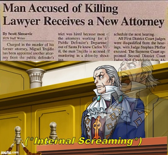 Man, Victim and New Defense Attorney = Miles Edgeworth, Robert Hammond and Phoenix Wright | image tagged in von karma internal screaming,ace attorney | made w/ Imgflip meme maker