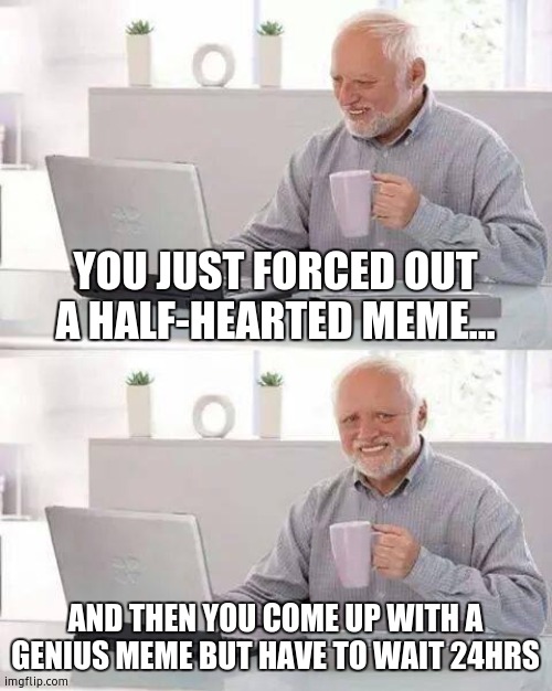 Hide the Pain Harold | YOU JUST FORCED OUT A HALF-HEARTED MEME... AND THEN YOU COME UP WITH A GENIUS MEME BUT HAVE TO WAIT 24HRS | image tagged in memes,hide the pain harold | made w/ Imgflip meme maker