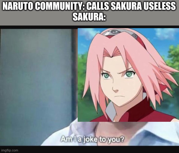 She’s not THAT useless, she did help people :) | NARUTO COMMUNITY: CALLS SAKURA USELESS
SAKURA: | image tagged in am i a joke to you,sakura | made w/ Imgflip meme maker