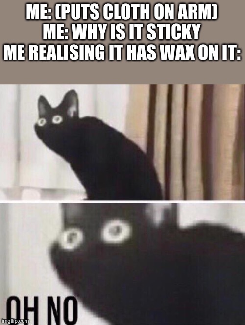 Wax hurts | ME: (PUTS CLOTH ON ARM)
ME: WHY IS IT STICKY
ME REALISING IT HAS WAX ON IT: | image tagged in oh no cat,ouch,pain,relatable | made w/ Imgflip meme maker