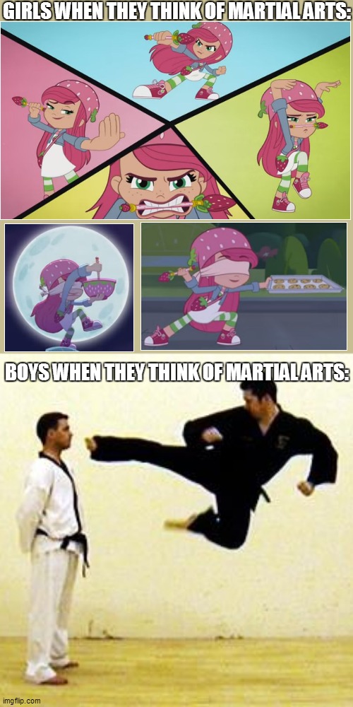 How girls and boys think of martial arts | GIRLS WHEN THEY THINK OF MARTIAL ARTS:; BOYS WHEN THEY THINK OF MARTIAL ARTS: | image tagged in kick,strawberry shortcake,strawberry shortcake berry in the big city,martial arts,memes | made w/ Imgflip meme maker