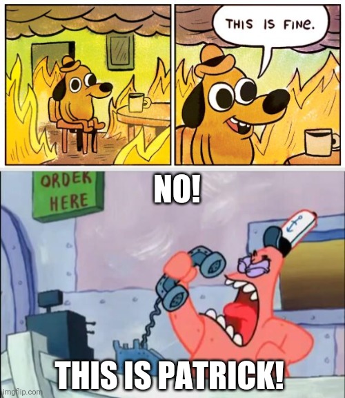 No this is Patrick | NO! THIS IS PATRICK! | image tagged in memes,this is fine,no this is patrick,funny | made w/ Imgflip meme maker