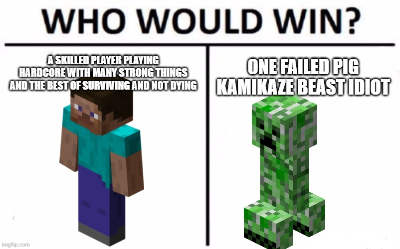 hmm who | A SKILLED PLAYER PLAYING HARDCORE WITH MANY STRONG THINGS AND THE BEST OF SURVIVING AND NOT DYING; ONE FAILED PIG KAMIKAZE BEAST IDIOT | image tagged in memes,who would win | made w/ Imgflip meme maker