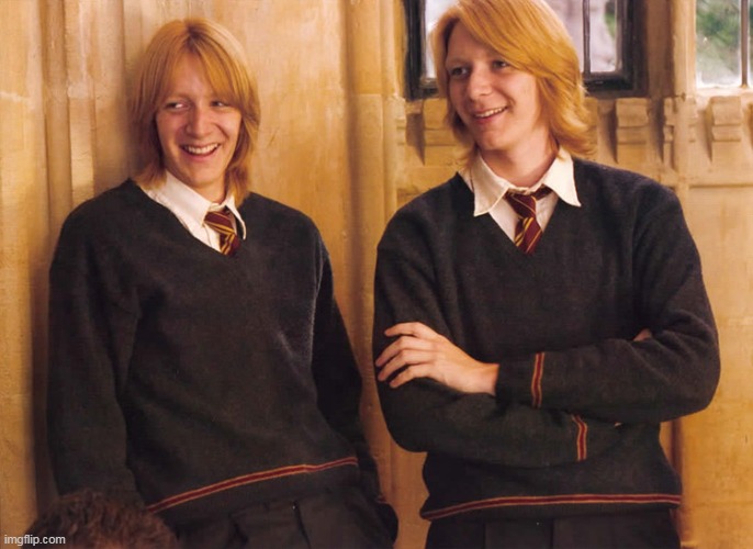 Fred and George Weasley laughing | image tagged in fred and george weasley laughing | made w/ Imgflip meme maker