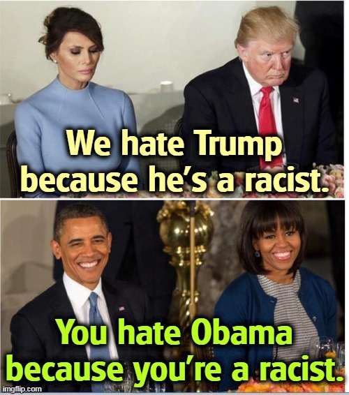 Same difference, right? | We hate Trump because he's a racist. You hate Obama because you're a racist. | image tagged in two loving couples trump melania obama michelle,trump,racist,obama,smile | made w/ Imgflip meme maker