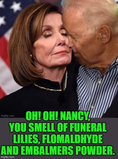 Old joe | OH! OH! NANCY, YOU SMELL OF FUNERAL LILIES, FLOMALDHYDE AND EMBALMERS POWDER. | image tagged in joe biden sniffing pelosi | made w/ Imgflip meme maker