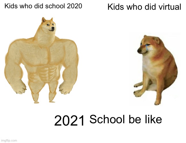 Buff Doge vs. Cheems Meme | Kids who did school 2020; Kids who did virtual; School be like; 2021 | image tagged in memes,buff doge vs cheems | made w/ Imgflip meme maker