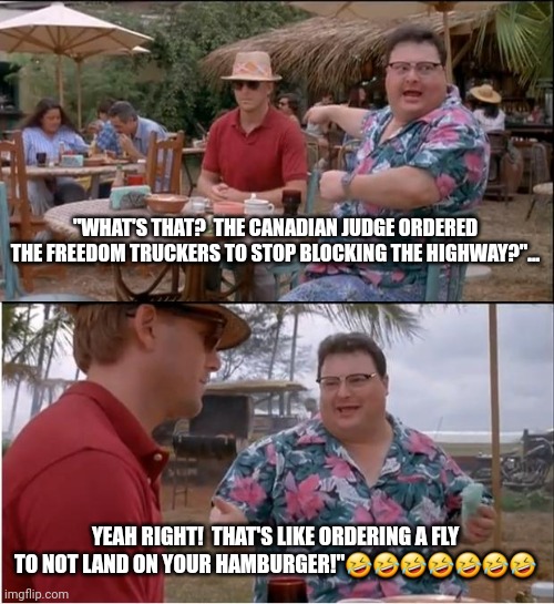 See Nobody Cares Meme | "WHAT'S THAT?  THE CANADIAN JUDGE ORDERED THE FREEDOM TRUCKERS TO STOP BLOCKING THE HIGHWAY?"... YEAH RIGHT!  THAT'S LIKE ORDERING A FLY TO NOT LAND ON YOUR HAMBURGER!"🤣🤣🤣🤣🤣🤣🤣 | image tagged in memes,see nobody cares,freedom,trucker,covidiots | made w/ Imgflip meme maker