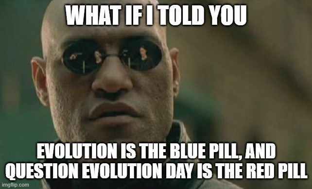 The real red and blue pills | WHAT IF I TOLD YOU; EVOLUTION IS THE BLUE PILL, AND QUESTION EVOLUTION DAY IS THE RED PILL | image tagged in memes,matrix morpheus,question evolution day | made w/ Imgflip meme maker