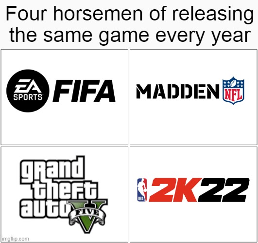 Blank Comic Panel 2x2 |  Four horsemen of releasing the same game every year | image tagged in memes,blank comic panel 2x2,fifa,nfl,gta 5,nba | made w/ Imgflip meme maker