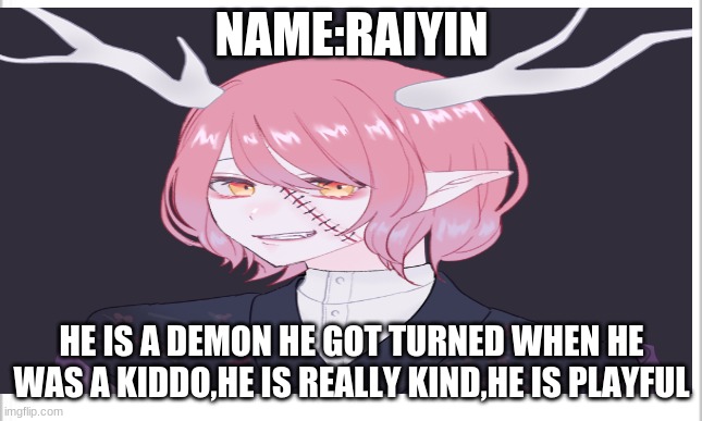 NAME:RAIYIN HE IS A DEMON HE GOT TURNED WHEN HE WAS A KIDDO,HE IS REALLY KIND,HE IS PLAYFUL | made w/ Imgflip meme maker