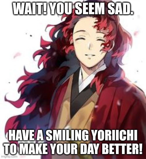 Have a nice day! | WAIT! YOU SEEM SAD. HAVE A SMILING YORIICHI TO MAKE YOUR DAY BETTER! | made w/ Imgflip meme maker