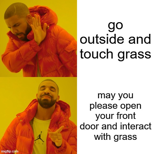 touch grass | go outside and touch grass; may you please open your front door and interact with grass | image tagged in memes,drake hotline bling | made w/ Imgflip meme maker