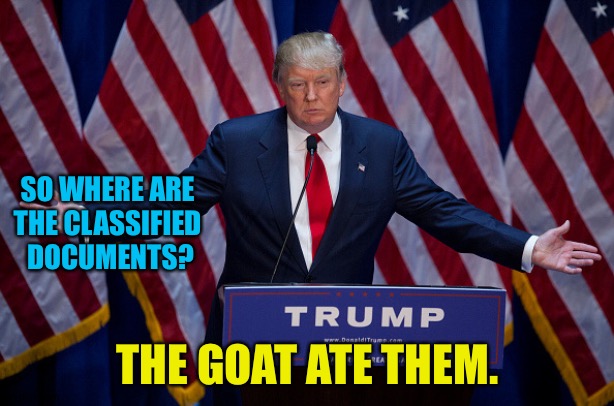 Donald Trump | SO WHERE ARE 
THE CLASSIFIED 
DOCUMENTS? THE GOAT ATE THEM. | image tagged in donald trump | made w/ Imgflip meme maker