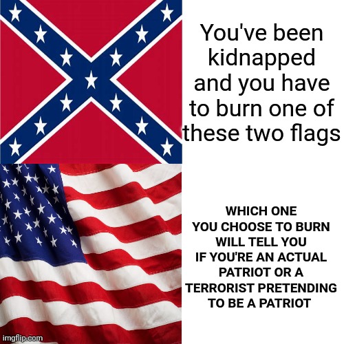 One Flag Represents The Country.  The Other Represents A Faction | You've been kidnapped and you have to burn one of these two flags; WHICH ONE YOU CHOOSE TO BURN WILL TELL YOU IF YOU'RE AN ACTUAL PATRIOT OR A TERRORIST PRETENDING TO BE A PATRIOT | image tagged in memes,trumpublican terrorists,losers,lost,get over it already,confederate terrorists | made w/ Imgflip meme maker