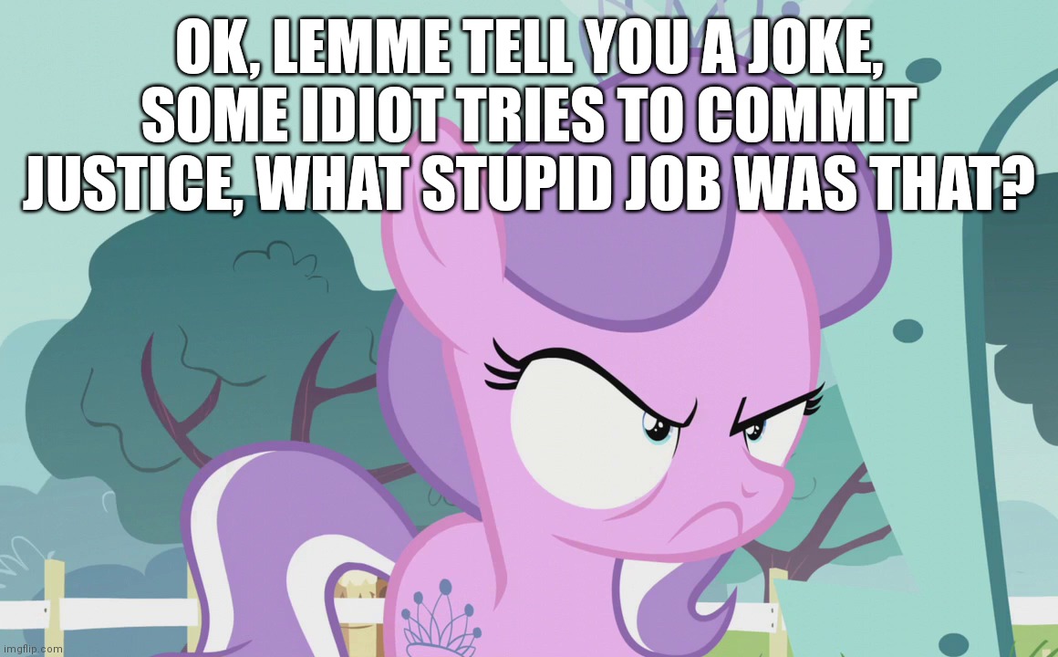 OK, LEMME TELL YOU A JOKE, SOME IDIOT TRIES TO COMMIT JUSTICE, WHAT STUPID JOB WAS THAT? | made w/ Imgflip meme maker