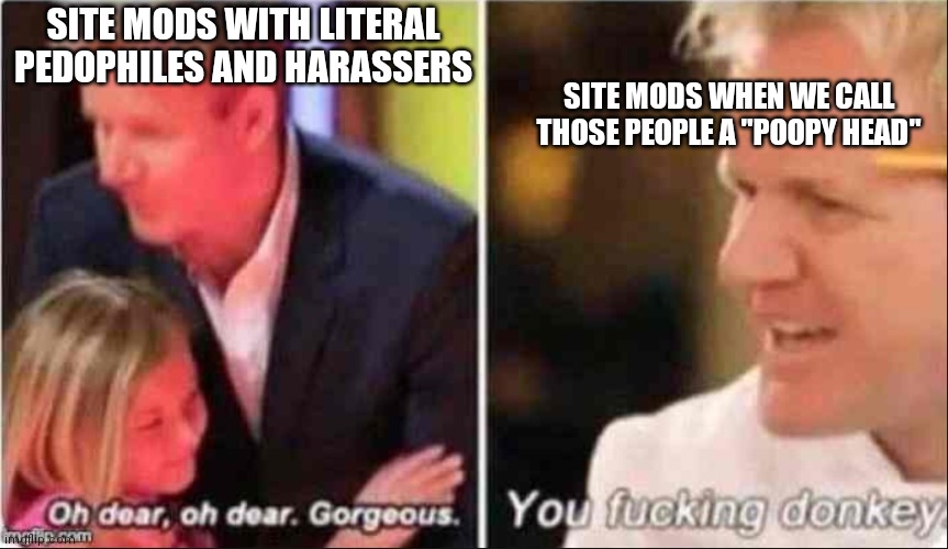 Oh Dear Oh Dear Gorgeous | SITE MODS WITH LITERAL PEDOPHILES AND HARASSERS; SITE MODS WHEN WE CALL THOSE PEOPLE A "POOPY HEAD" | image tagged in oh dear oh dear gorgeous | made w/ Imgflip meme maker