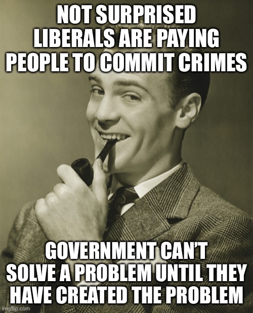 Smug | NOT SURPRISED LIBERALS ARE PAYING PEOPLE TO COMMIT CRIMES GOVERNMENT CAN’T SOLVE A PROBLEM UNTIL THEY HAVE CREATED THE PROBLEM | image tagged in smug | made w/ Imgflip meme maker