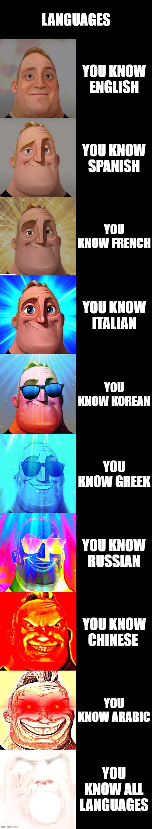 languages | LANGUAGES; YOU KNOW ENGLISH; YOU KNOW SPANISH; YOU KNOW FRENCH; YOU KNOW ITALIAN; YOU KNOW KOREAN; YOU KNOW GREEK; YOU KNOW RUSSIAN; YOU KNOW CHINESE; YOU KNOW ARABIC; YOU KNOW ALL LANGUAGES | image tagged in mr incredible becoming canny | made w/ Imgflip meme maker