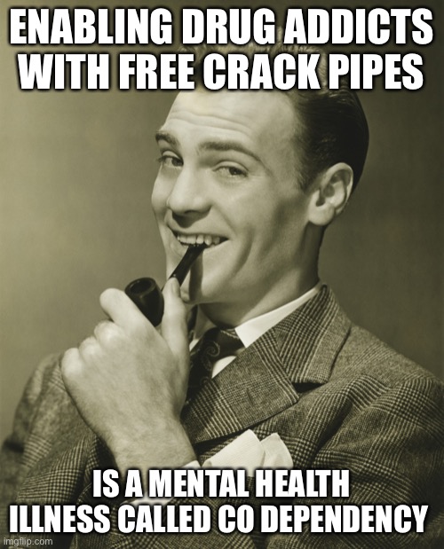 Liberalism is a mental illness | ENABLING DRUG ADDICTS WITH FREE CRACK PIPES; IS A MENTAL HEALTH ILLNESS CALLED CO DEPENDENCY | image tagged in smug | made w/ Imgflip meme maker