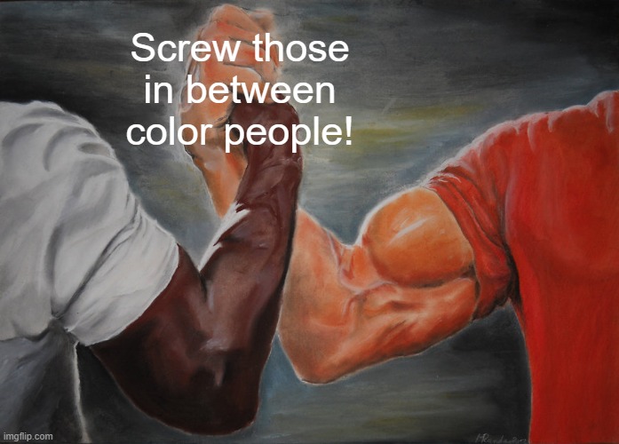 Racist Politics |  Screw those in between color people! | image tagged in memes,epic handshake,politics lol,political humor,racism,racist | made w/ Imgflip meme maker
