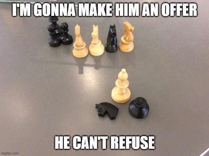 An offer he can't refuse | I'M GONNA MAKE HIM AN OFFER; HE CAN'T REFUSE | image tagged in chess,horse,movie quotes,the godfather | made w/ Imgflip meme maker