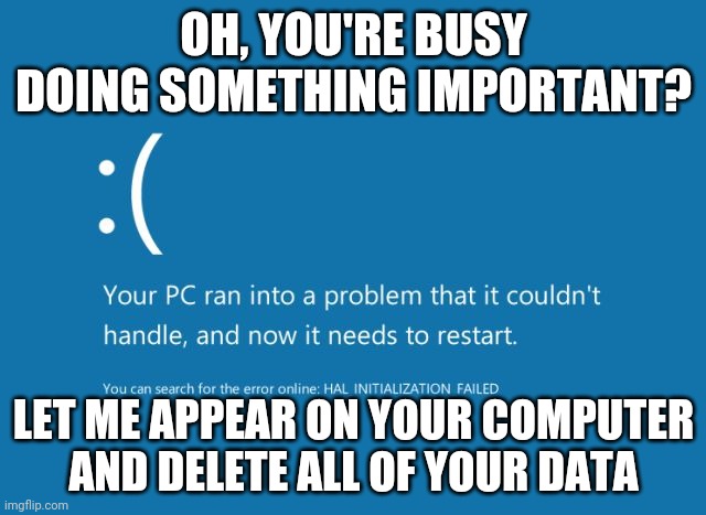 BSOD | OH, YOU'RE BUSY DOING SOMETHING IMPORTANT? LET ME APPEAR ON YOUR COMPUTER AND DELETE ALL OF YOUR DATA | image tagged in bsod | made w/ Imgflip meme maker