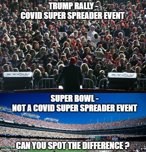Hey, the *New* Science | TRUMP RALLY -
COVID SUPER SPREADER EVENT; SUPER BOWL -
NOT A COVID SUPER SPREADER EVENT; CAN YOU SPOT THE DIFFERENCE ? | image tagged in trump,liberals,democrats,covid,super bowl,masks | made w/ Imgflip meme maker
