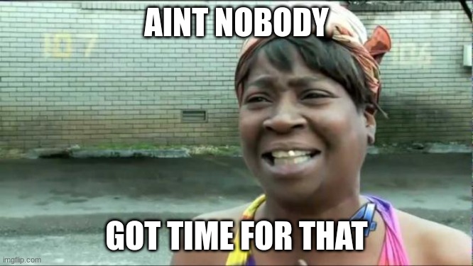 Ain't nobody got time for that. | AINT NOBODY GOT TIME FOR THAT | image tagged in ain't nobody got time for that | made w/ Imgflip meme maker