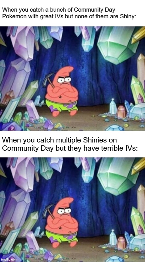 When you catch multiple Shinies on Community Day but they have terrible IVs: | image tagged in patrick mining meme | made w/ Imgflip meme maker