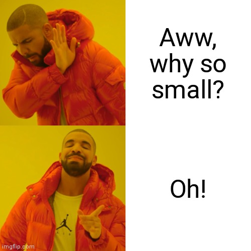 Drake Hotline Bling Meme | Aww, why so small? Oh! | image tagged in memes,drake hotline bling | made w/ Imgflip meme maker