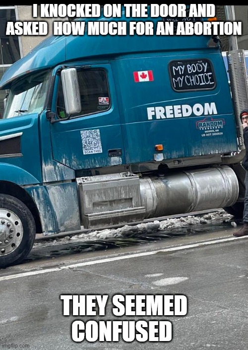 Meanwhile In CanaDUH | I KNOCKED ON THE DOOR AND ASKED  HOW MUCH FOR AN ABORTION; THEY SEEMED CONFUSED | image tagged in canada,meanwhile in canada | made w/ Imgflip meme maker