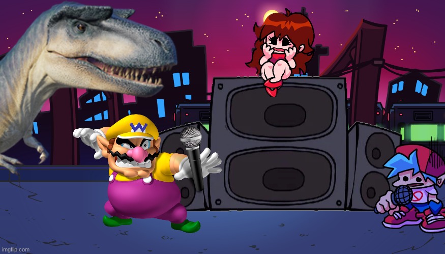 Wario dies by an Albertasaurus while rapping with Boyfriend from FNF | image tagged in wario dies,wario,jurassic park,jurassic world,dinosaur,friday night funkin | made w/ Imgflip meme maker