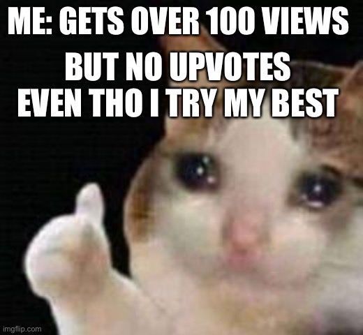 Approved crying cat | ME: GETS OVER 100 VIEWS; BUT NO UPVOTES EVEN THO I TRY MY BEST | image tagged in approved crying cat | made w/ Imgflip meme maker