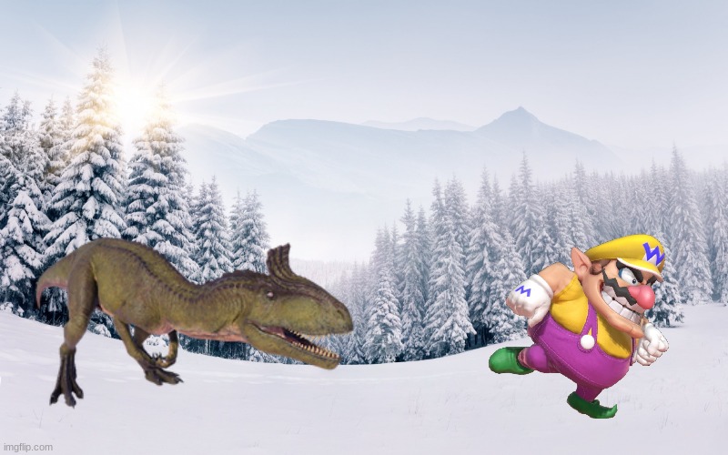 Wario dies by a cryolophosaurus while trying to find a warm place | image tagged in snow biome,wario dies,wario,jurassic park,jurassic world,dinosaur | made w/ Imgflip meme maker