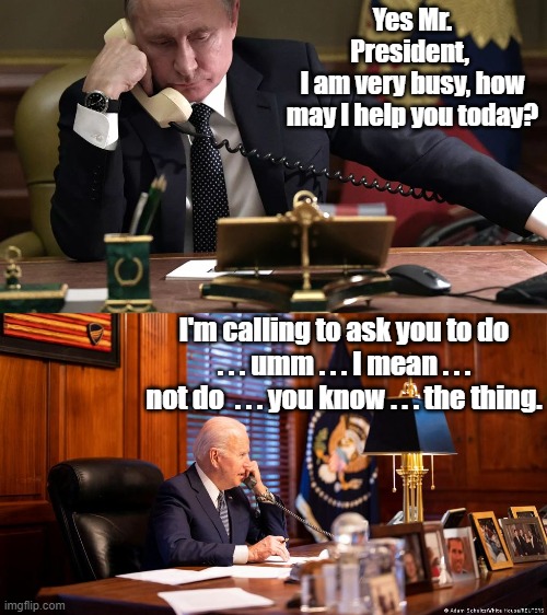 How do you expect Biden's last Ukraine call with Putin went? | Yes Mr. President, 
I am very busy, how may I help you today? I'm calling to ask you to do . . . umm . . . I mean . . . not do  . . . you know . . . the thing. | image tagged in ukraine,biden,putin | made w/ Imgflip meme maker