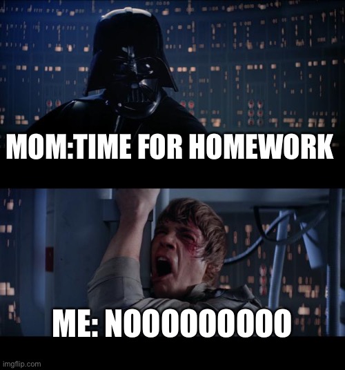 Star Wars No Meme | MOM:TIME FOR HOMEWORK; ME: NOOOOOOOOO | image tagged in memes,star wars no | made w/ Imgflip meme maker