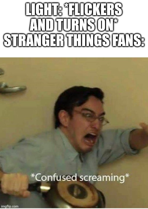Hahahhaaaaa |  LIGHT: *FLICKERS AND TURNS ON*
STRANGER THINGS FANS: | image tagged in confused screaming,stranger things | made w/ Imgflip meme maker