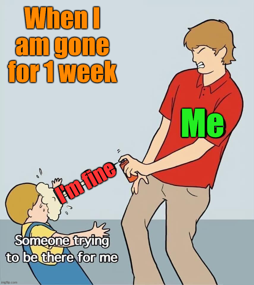 I really missed making memes | When I am gone for 1 week; Me; I'm fine | image tagged in depression | made w/ Imgflip meme maker
