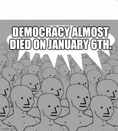 NPCProgramScreed | DEMOCRACY ALMOST DIED ON JANUARY 6TH. | image tagged in npcprogramscreed | made w/ Imgflip meme maker