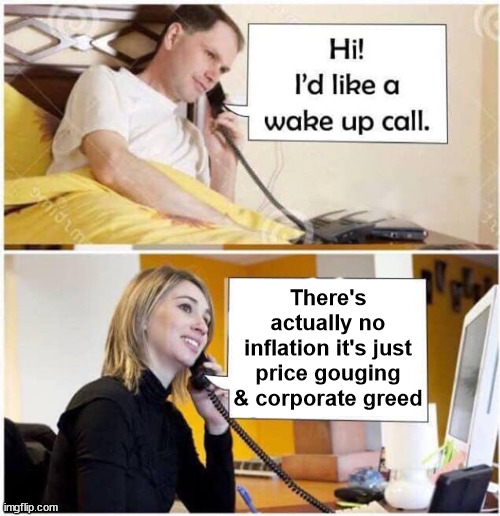 There's actually no inflation it's just price gouging & corporate greed | There's actually no inflation it's just price gouging & corporate greed | image tagged in wake up call - 2 panel | made w/ Imgflip meme maker