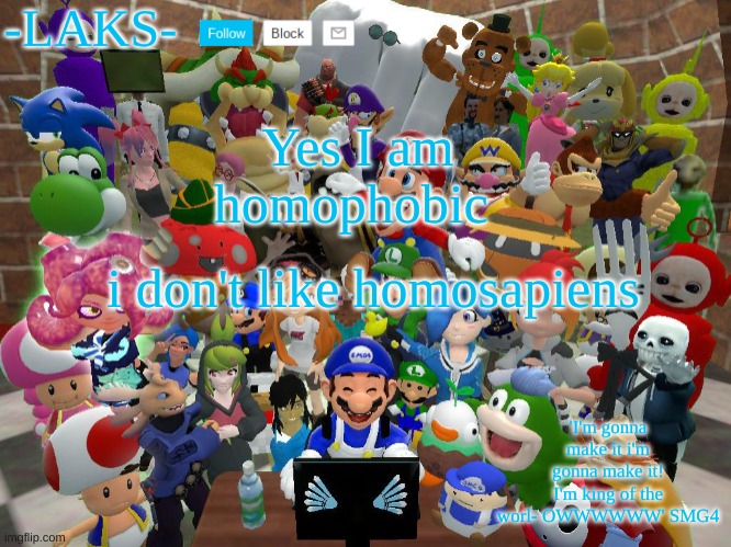 My SMG4 template | Yes I am homophobic; i don't like homosapiens | image tagged in my smg4 template | made w/ Imgflip meme maker