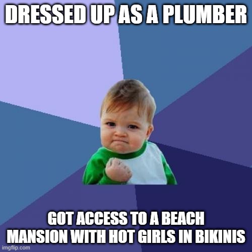 Every guys dream Ever | DRESSED UP AS A PLUMBER; GOT ACCESS TO A BEACH MANSION WITH HOT GIRLS IN BIKINIS | image tagged in memes,success kid | made w/ Imgflip meme maker